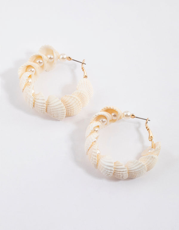 Gold Nestled Pearl Hoop Earrings