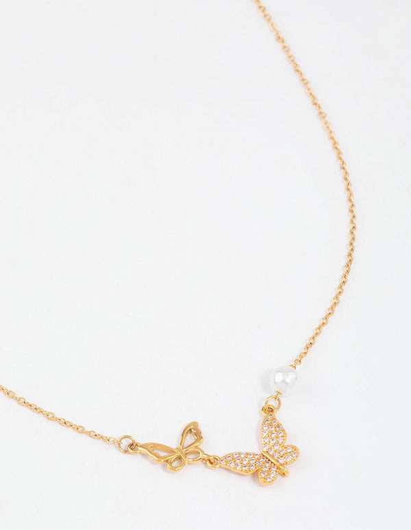 Gold Plated Surgical Steel Double Butterfly Pearl Pendant Necklace