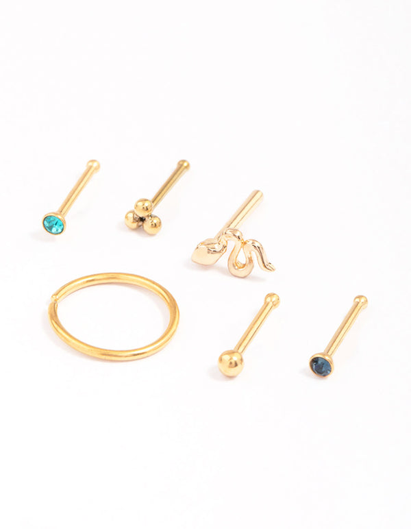 Gold Plated Surgical Steel Snake & Bezel Nose Piercing 6-Pack