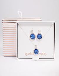 Silver Oval Blue Halo Necklace & Stud Earrings Jewellery Set - link has visual effect only