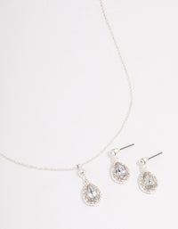 Silver Round & Pearl Halo Necklace & Drop Earrings Jewellery Set - link has visual effect only