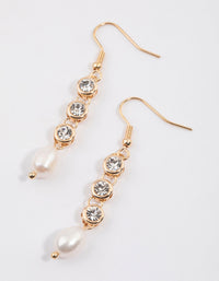 Gold Triple Diamante Freshwater Pearl Huggie Hoop Earrings - link has visual effect only