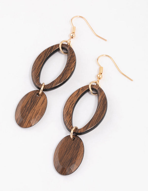 Gold Open Oval Wooden Drop Earrings