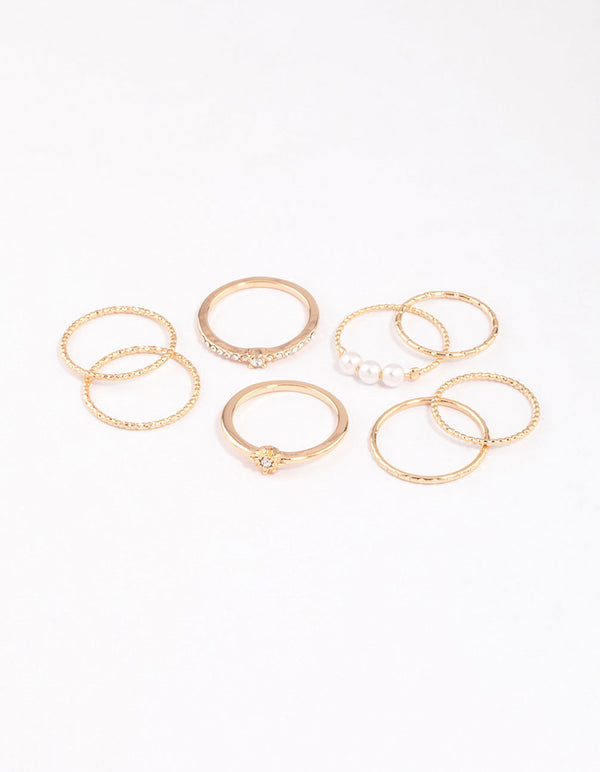 Gold Fine Diamante Cut Pearl Ring Pack