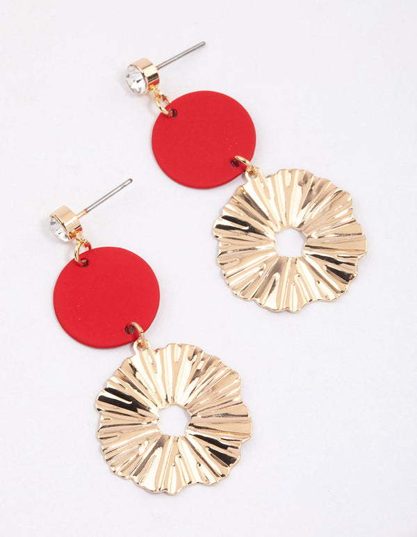 Red Disc Organic Folded Drop Earrings