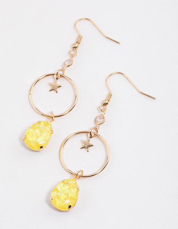 Yellow Open Circle Star Drop Earrings