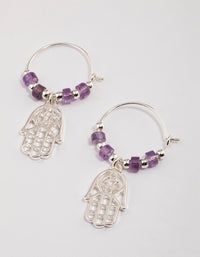 Silver Amethyst Beaded Texture Hoop Earrings - link has visual effect only