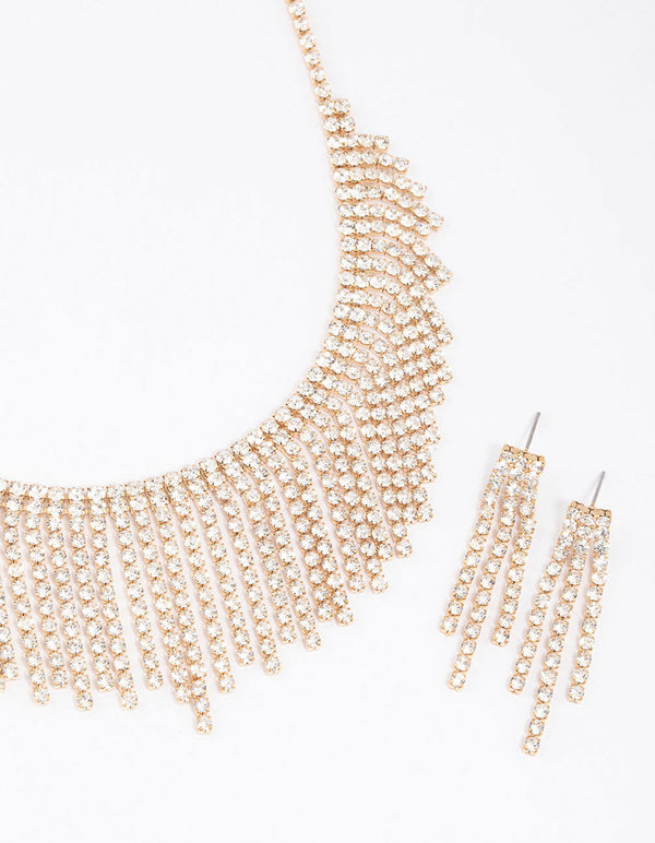 Gold Diamante Tassel Earrings & Necklace Set