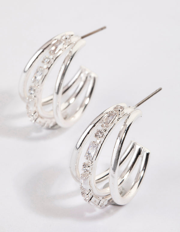 Silver Plated Baguette & Round Illusion Hoop Earrings