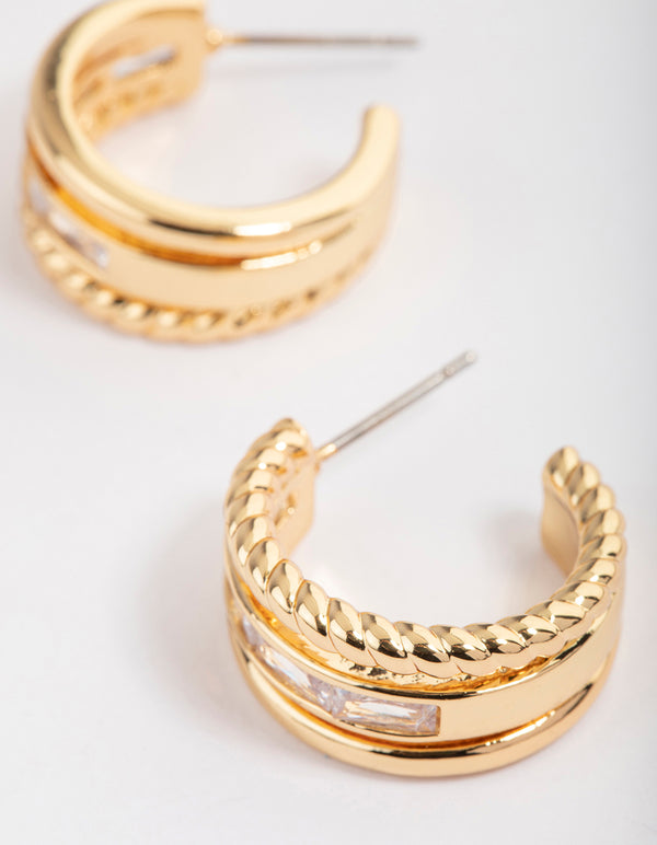 Gold Plated Cubic Zirconia Baguette Twisted Hoop Earrings