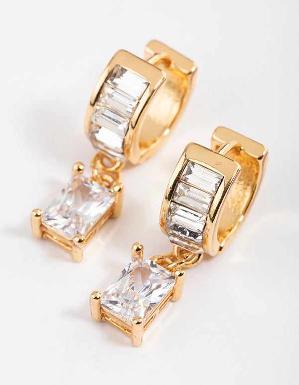 Gold Plated Cubic Zirconia Baguette Drop Huggie Earrings