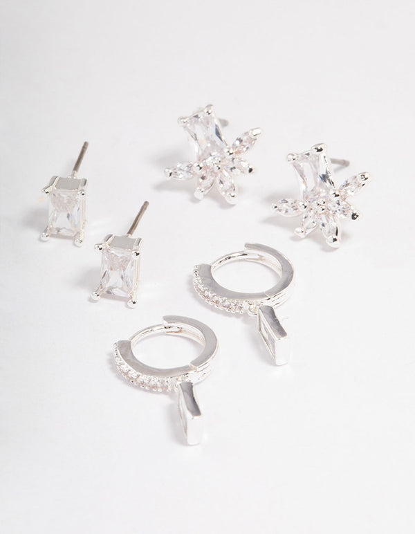 Silver Plated Cubic Zirconia Baguette & Marquise Earrings Pack