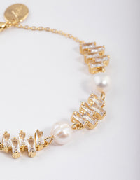 Gold Plated Cubic Zirconia Offset Baguette Freshwater Pearl Bracelet - link has visual effect only