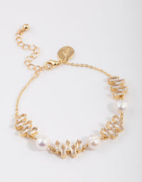 Gold Plated Cubic Zirconia Offset Baguette Freshwater Pearl Bracelet - link has visual effect only