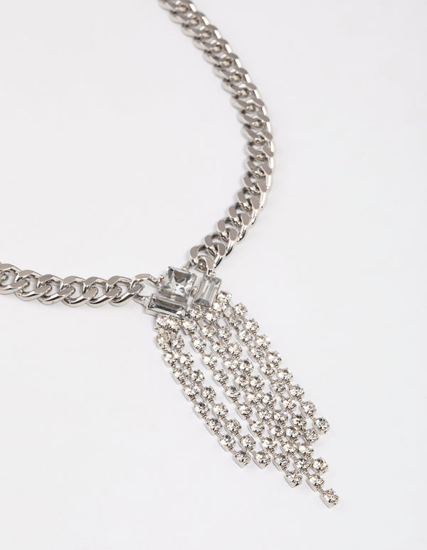 Rhodium Thick Chain Diamante Fringe Necklace