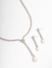 Silver Round Cup Chain Pearl Earring & Necklace Jewellery Set - link has visual effect only