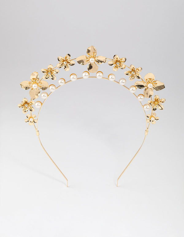 Gold 3D Flower & Pearl Headband