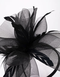 Black Fabric Bow Mesh Cut Feather Fascinator - link has visual effect only