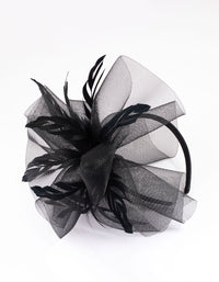 Black Fabric Bow Mesh Cut Feather Fascinator - link has visual effect only