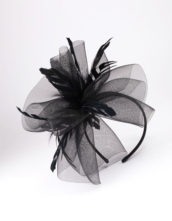 Black Fabric Bow Mesh Cut Feather Fascinator