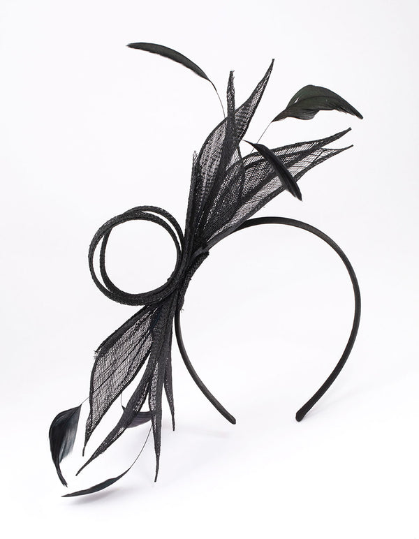 Black Sinamay Black Feather Leaf Headband