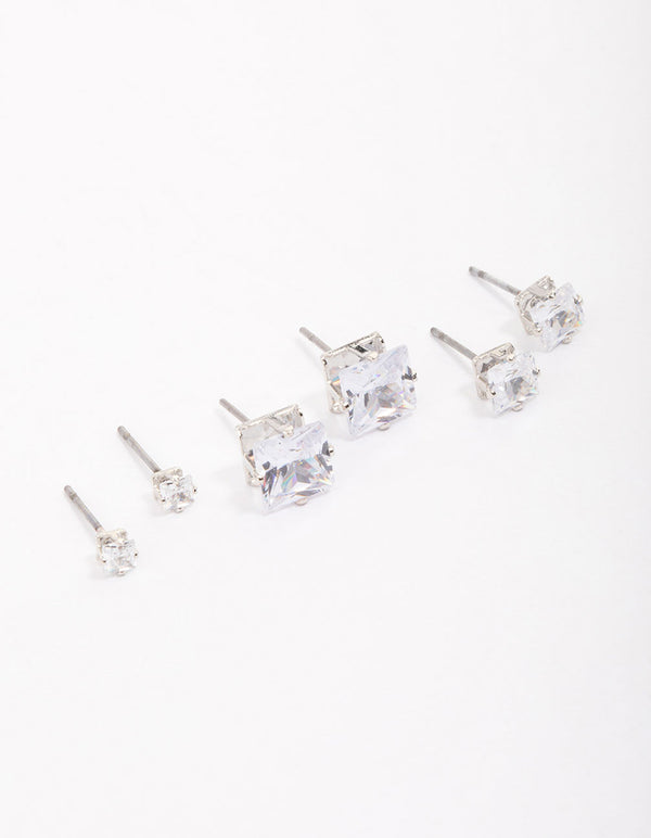 Rhodium Cubic Zirconia Square Graduated Earrings Pack