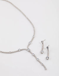 Rhodium Cubic Zirconia Mixed Diamante Y-Necklace & Earrings Set - link has visual effect only