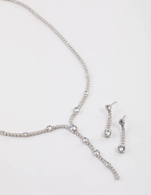 Rhodium Cubic Zirconia Mixed Diamante Y-Necklace & Earrings Set