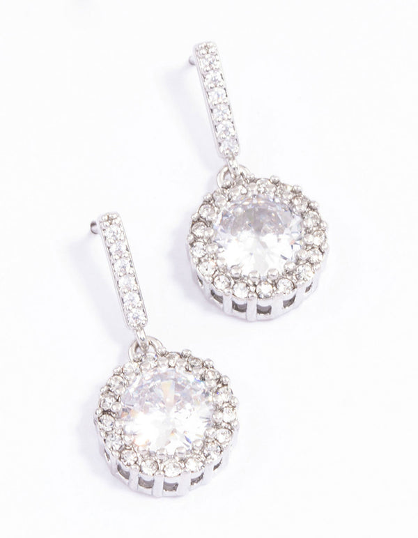 Silver Round Cushion Cubic Zirconia Drop Earrings