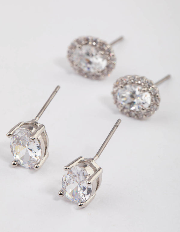 Rhodium Oval Cubic Zirconia Stud Earring Pack