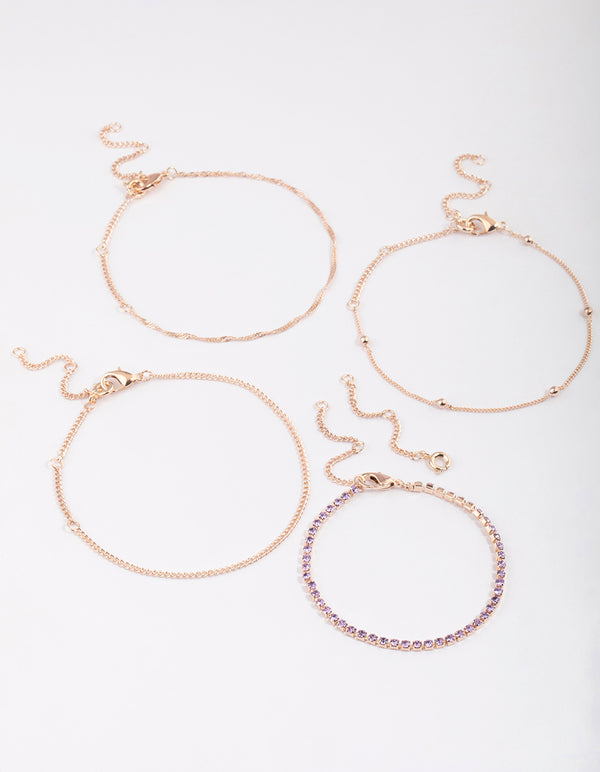 Rose Gold Diamante Twisted Bracelet & Anklet 4-Pack Set