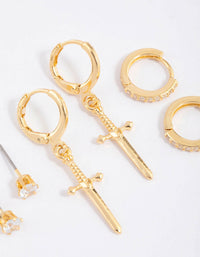 Gold Plated Brass Cubic Zirconia Dagger Huggie Earrings Pack - link has visual effect only