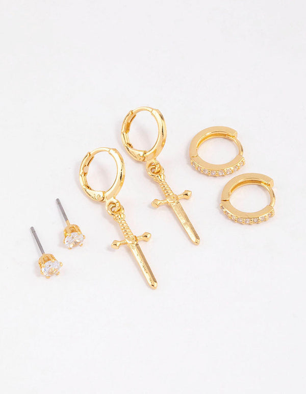 Gold Plated Brass Cubic Zirconia Dagger Huggie Earrings Pack