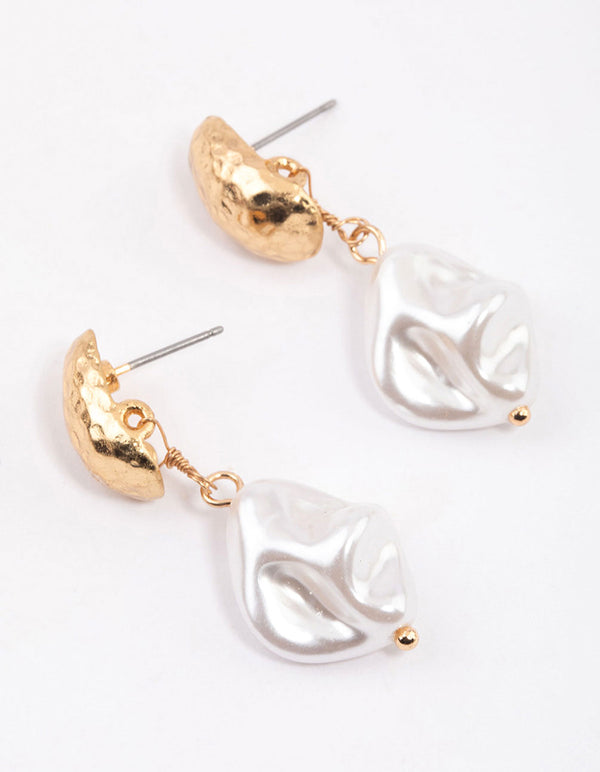 Gold Textured Molten Pearl Drop Earrings & Polishing Set