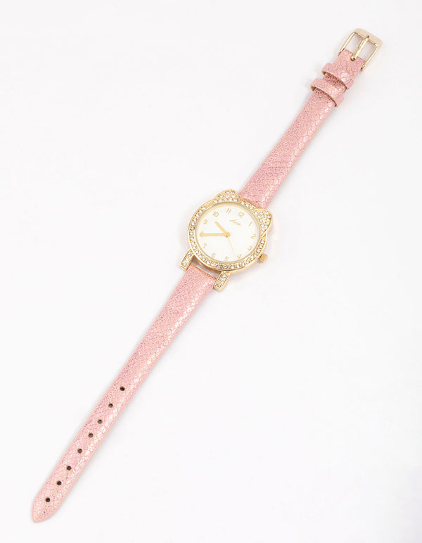 Kids Diamante & Glitter Cat Faux Leather Watch - Lovisa