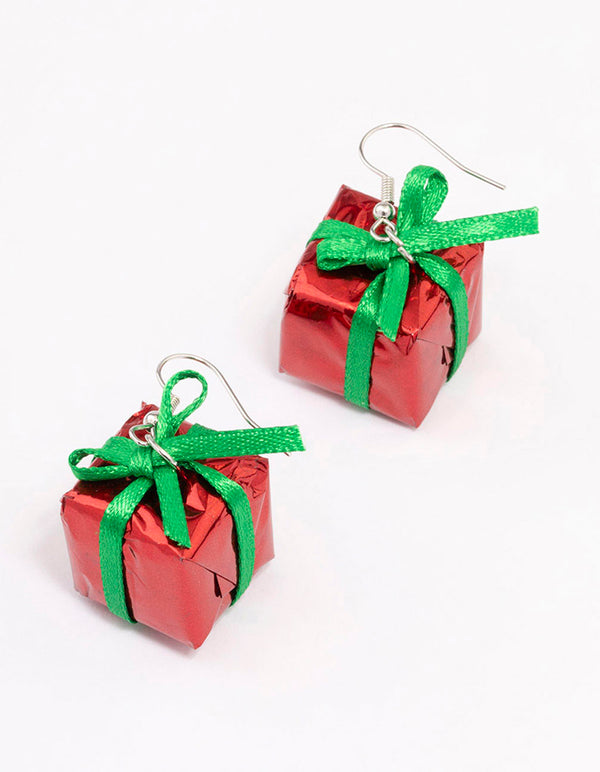 Silver Christmas Present Bow Drop Earrings