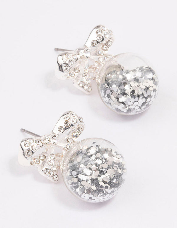 Silver Bow Bauble Drop Earrings