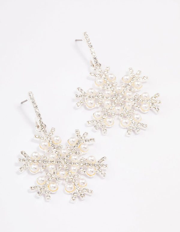 Silver Pearl Detail Snowflake Drop Earrings