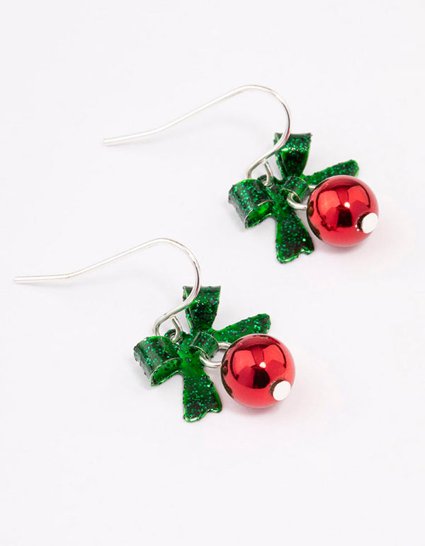 Red Bow & Bell Christmas Drop Earrings