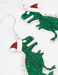 Silver & Green Dinosaur Christmas Drop Earrings - link has visual effect only