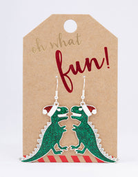 Silver & Green Dinosaur Christmas Drop Earrings - link has visual effect only