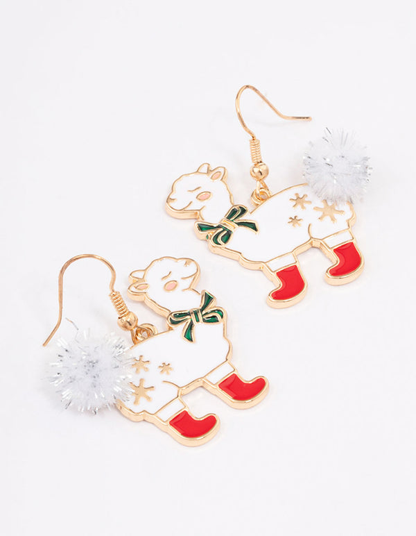 Gold Christmas Llama Drop Earrings