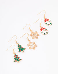 Gold Mixed Detail Christmas Earrings 3-Pack - link has visual effect only