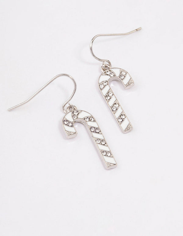 White & Diamante Christmas Candy Cane Drop Earrings