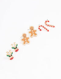 Gold Christmas Reindeer & Gingerbread Stud Earrings 3-Pack - link has visual effect only