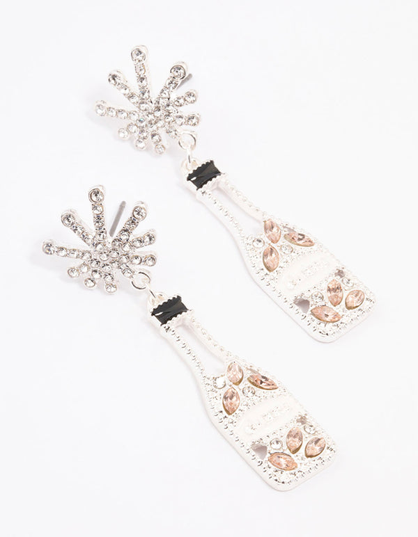 Silver Diamante Champagne Bottle Drop Earrings