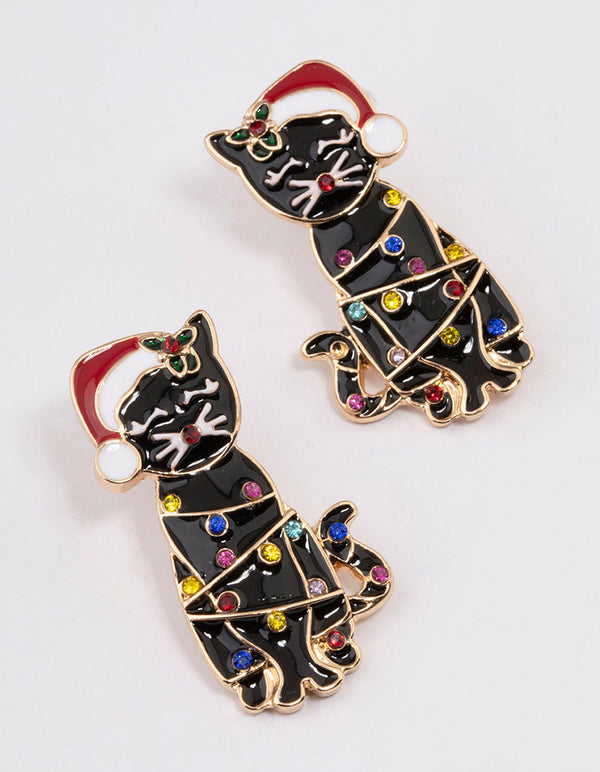 Gold Santa Hat Cat Drop Earrings