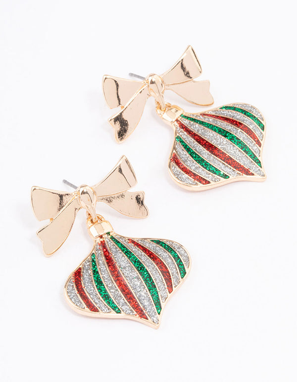 Gold Glitter Bauble & Bow Drop Earrings