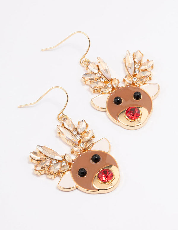 Gold Diamante Reindeer Drop Earrings