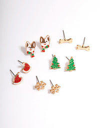 Gold Dog & Bone Christmas Stud Earrings 5-Pack - link has visual effect only